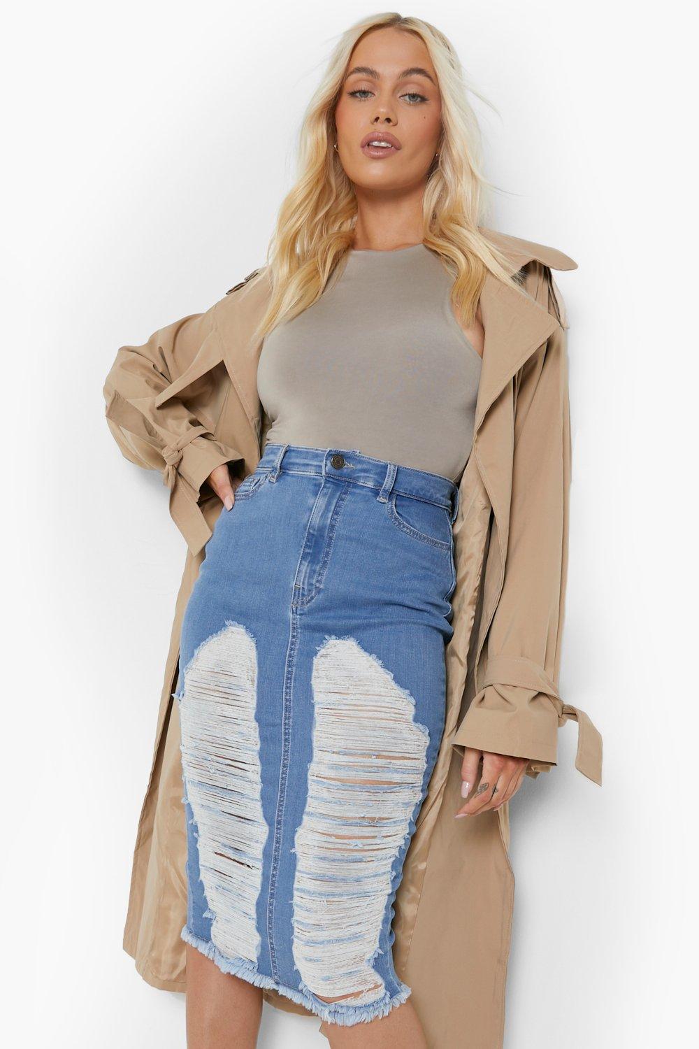 Denim pencil skirt clearance boohoo